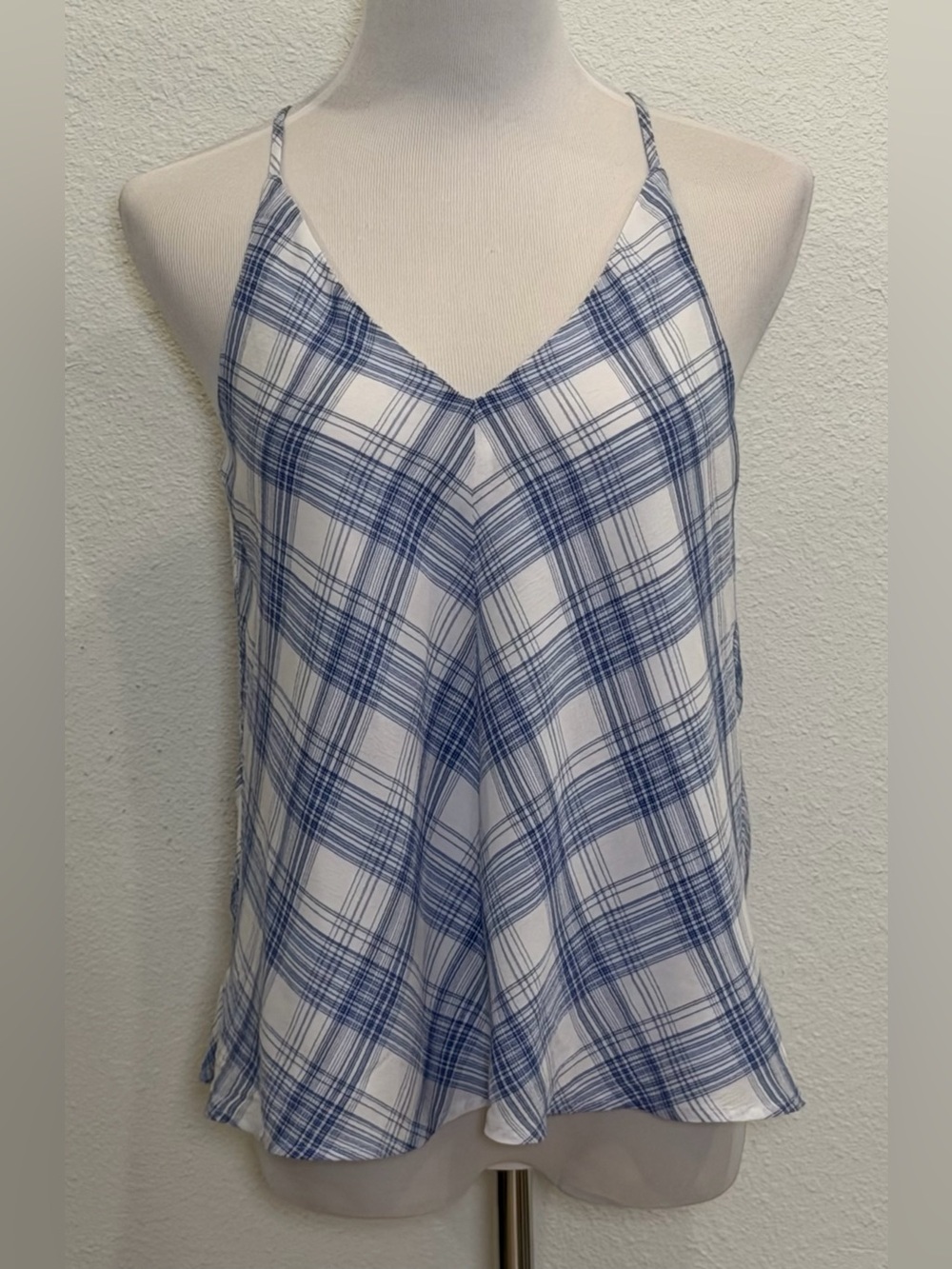 NEW Banana Republic Plaid Swing Cami Top XS Blue White Sleeveless Preppy Flowy